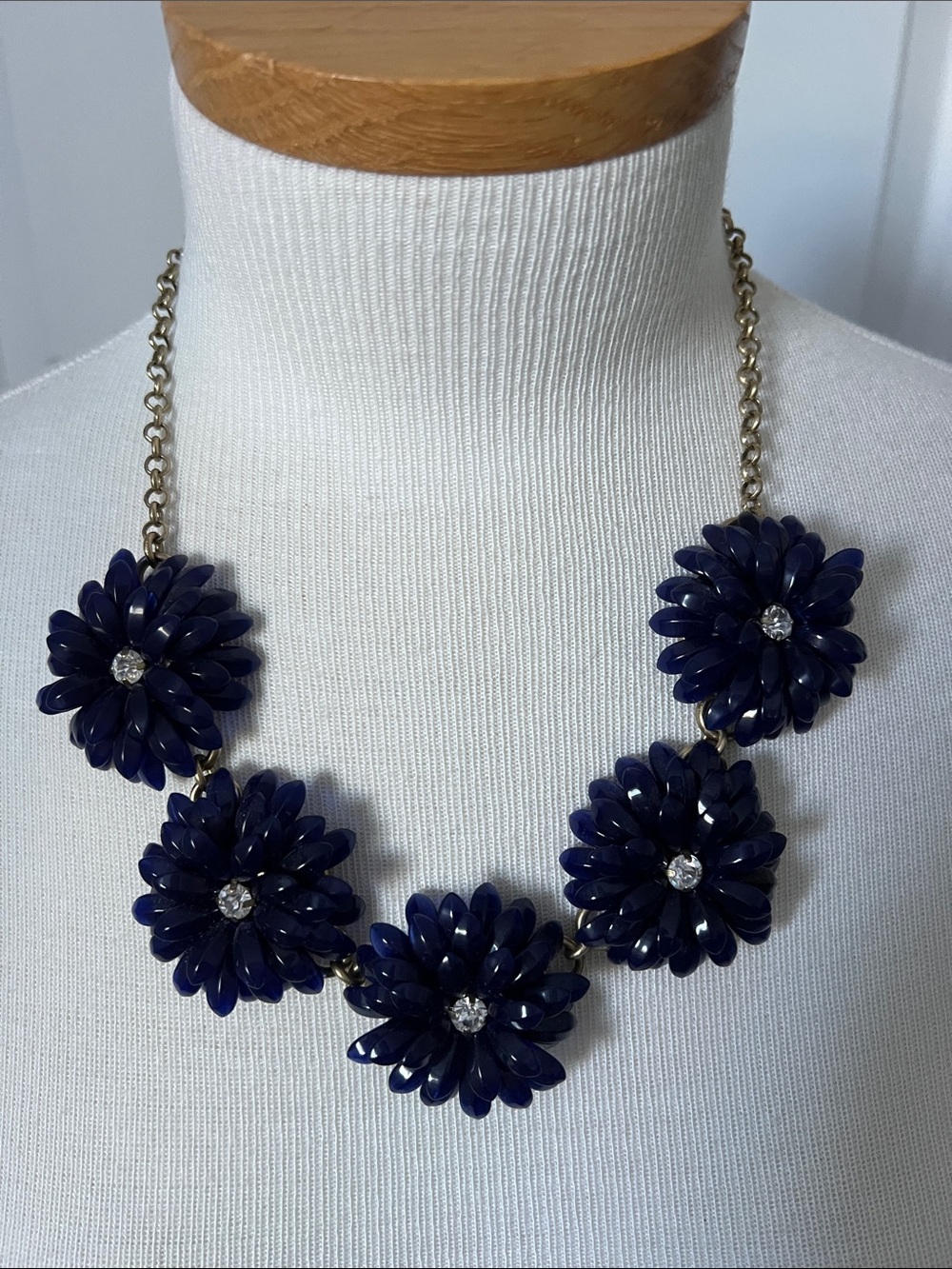 J. Crew Deep Navy Floral Cluster Necklace with Crystal Centers